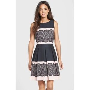Tahari Arthur S. Levine Dress‎ Blush Black Lace Print Pleated Fit & Flare Sz 14
